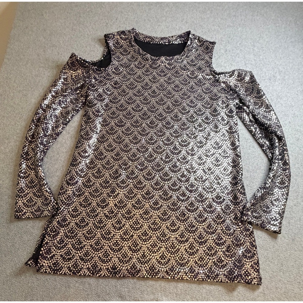 Michael Kors Silver Metallic Sequin Cold Shoulder Tunic Top Women's